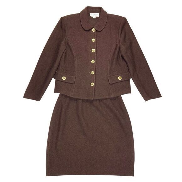 St. John Dresses & Skirts - St. John 2 Pc Skirt Jacket Set Women 12 Brown Gold Button Luxury Elegant Dressy